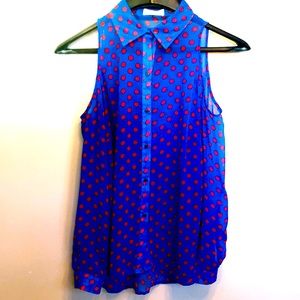 Love Tree Sheer Polka Dot Long Sleeve Cold Shoulder Button Up sz med M blue red